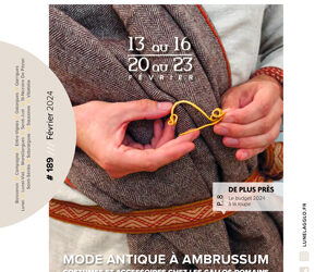photo en gros plan sur une toge antique et des mains tenant un fibule pour illustrer la couverture du lunel agglo le mag' de février 2024
