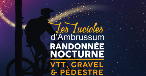 Visuel avec un cycliste devant un arbre roulant de nuit pour illustrer les Lucioles d'Ambrussum, la balade nocturne, à pied ou à vélo, de Lunel Bike qui aura lieu le 31 octobre 2026 dès 17h.