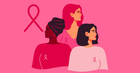 Illustration de 3 femmes dans des tons roses portant un ruban rose pour annoncer les animations prévues dans les communes de Lunel Agglo pour Octobre Rose.