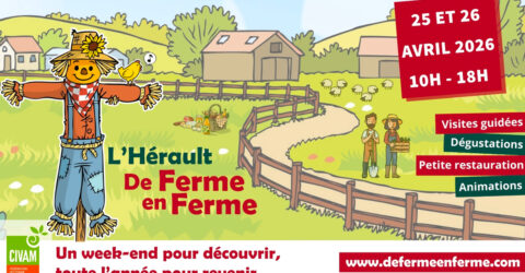 Illustration avec un épouvantail et une poule sur son bras, un fermier et une fermière et une famille visitant l'exploitation et une table couverte de produit de cette exploitation.