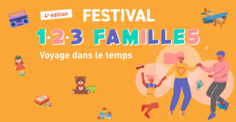 Dessin d'une famille dansant et se tenant par la main pour illustrer le festival 1.2.3 familles qui se tiendra du 30 mai au 6 juin sur le territoire de Lunel Agglo. Sur l'ensemble du visuel on trouve également des dessins (ours en peluche, poupée, avion en bois, etc.).