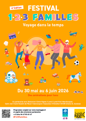 Dessin d'une famille dansant et se tenant par la main pour illustrer le festival 1.2.3 familles qui se tiendra du 30 mai au 6 juin sur le territoire de Lunel Agglo. Sur l'ensemble du visuel on trouve également des dessins (ours en peluche, poupée, avion en bois, etc.).