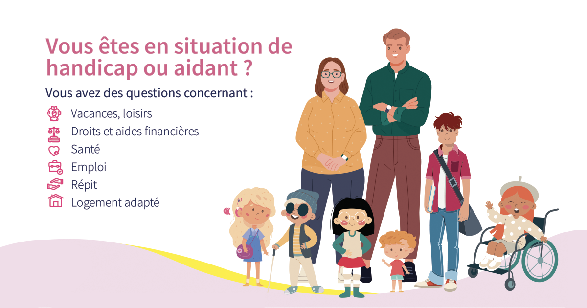 Illustration de de adultes, un homme avec les bras croisés, et une femme avec les mains jointes, entourés d'enfants porteurs de handicaps visibles ou invisibles.