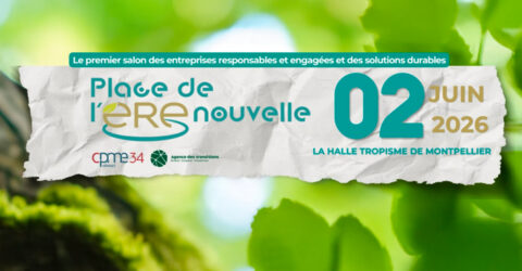 Image avec un tronc d'arbre, recouvert partiellement de mousse, avec du feuillage flou en arrière plan. Devant figure un bout de papier froissé sur lequel est inscrit : "place de l'ère nouvelle, premier salon des entreprises responsables et engagées et des solutions durables" et sur le côté droit : "02 juin 2026 à la Halle Tropisme de Montpellier.