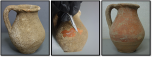 Pichet en céramique avant, pendant et après restauration, permettant la restitution de son aspect d'origine.