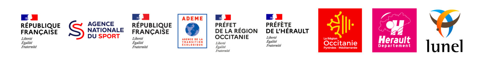 Logos de L'Agence Nationale du Sport (ANS), de l'Agence de la transition écologique (ADEME), du Préfet de la Région Occitanie, de la Préfète de l'Hérault, de la Région Occitanie, du département de l'Hérault et de la ville de Lunel