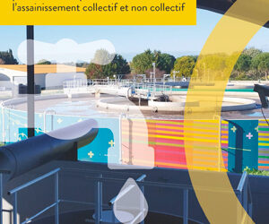 Couverture du rapport annuel sur le prix et la qualité des services publics de l’eau potable et de l’assainissement collectif et non collectif - Lunel Agglo 2025 avec une photo d'un bassin de la station d'épuration située à Lunel, et en transparence, le visuel d'un robinet avec une goutte d'eau.