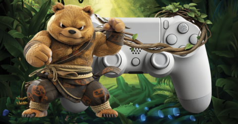 Visuel représentant un ours habillé, d'un pagne devant une manette, prise dans une liane, dans la jungle.